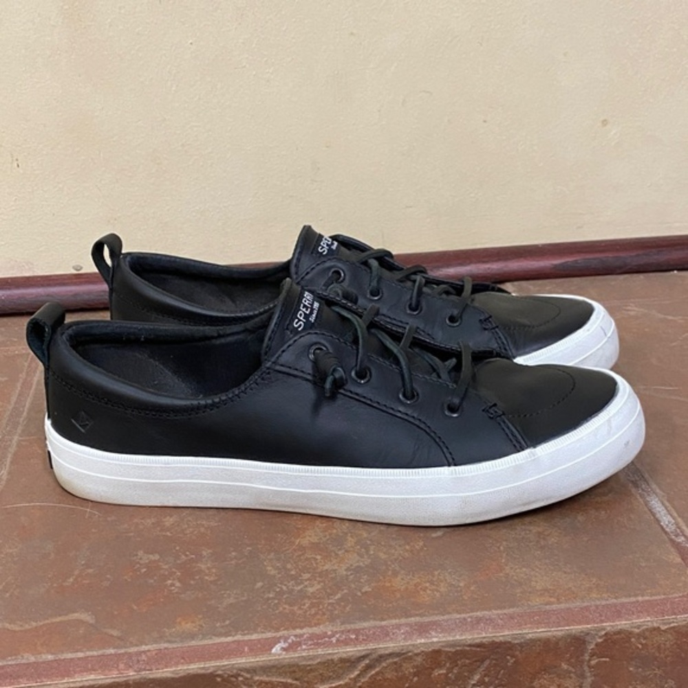 Sperry Crest Vibe Sneakers Black Leather Casual Boat Preppy SlipOn Shoe sz 10
